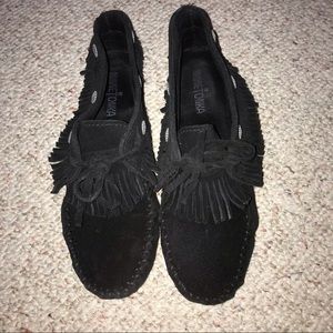 Minnetonka Black Fringe Moccasins